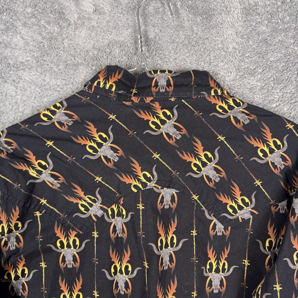 Rock & Roll Denim Shirt Mens M Aztec Western Pearl Snap Barbed Wire Steer Flames - Picture 10 of 13